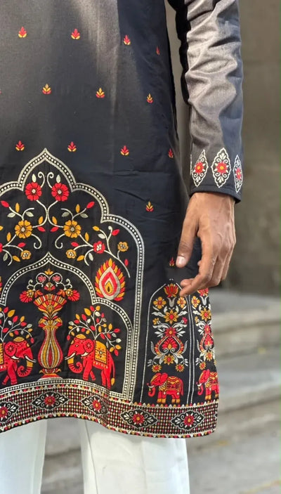 Premium Silk Kurta - Woven Elephant Pattern Festive Wear for Men