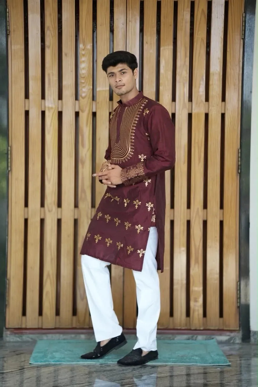 Full length front view of maroon silk kurta set on model