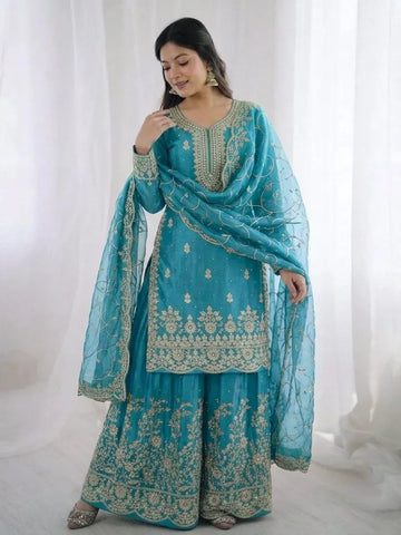 Premium Silk Party Wear Kurti Set with Embroidered Palazzo for Festive Celebrations