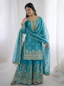 Premium Silk Party Wear Kurti Set with Embroidered Palazzo for Festive Celebrations