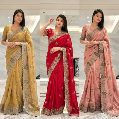 Premium Silk Saree with Heavy Zarkan Embroidery - Wedding Collection for Women