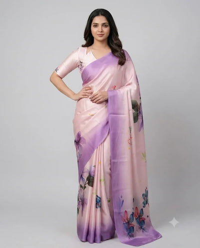 Premium Silk Satin Saree - Elegant Floral Festive Wear with Designer Blouse for Women