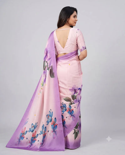 Premium Silk Satin Saree - Elegant Floral Festive Wear with Designer Blouse for Women