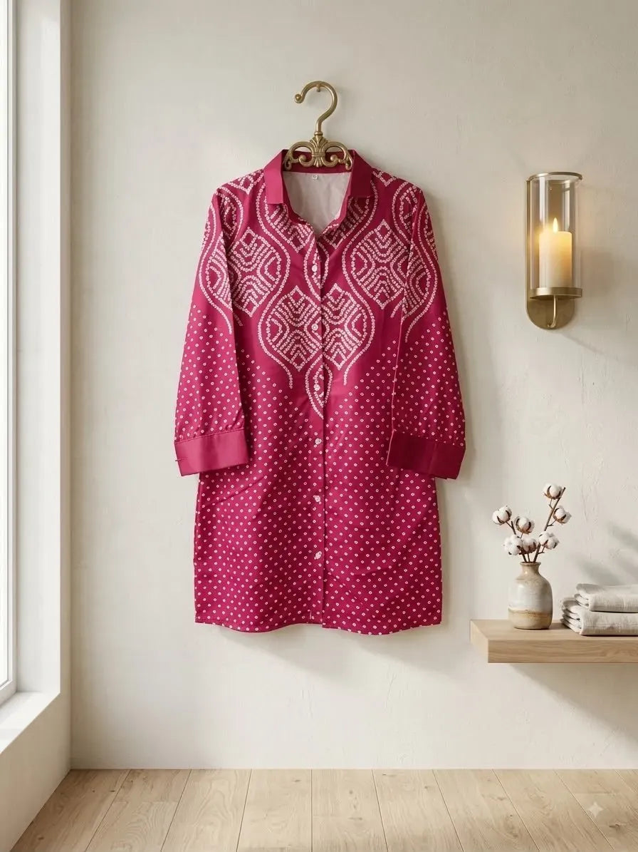 Pink silk shirt top with white pattern hanging on wooden hanger