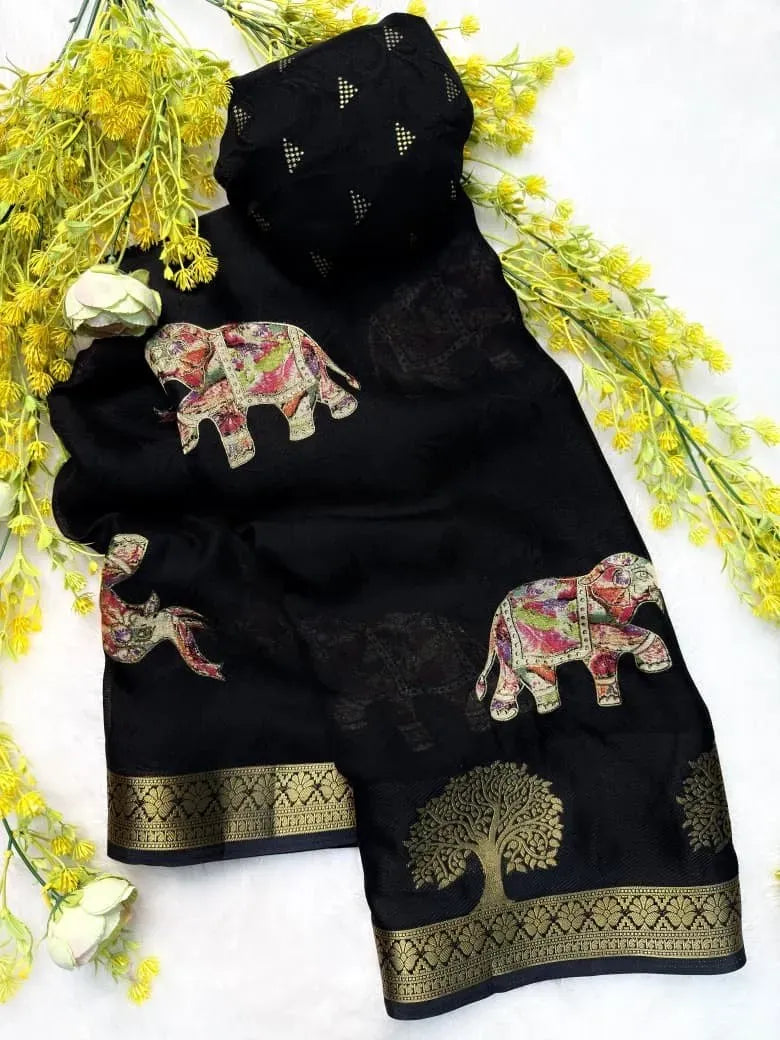 Black soft georgette saree with foil work and elephant motifs