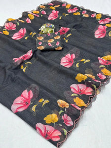 Premium Soft Linen Saree - Elegant Floral Design with Arco Work for Festive Wear