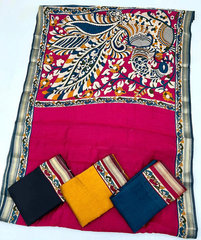 Premium Soft Mul Cotton Kalamkari Saree with Zari Border - Festive Wear for Women