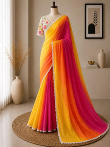 Premium Soft Printed Linen Saree - Elegant Mirror Work Festive Wear for Women