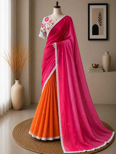 Premium Soft Printed Linen Saree - Elegant Mirror Work Festive Wear for Women