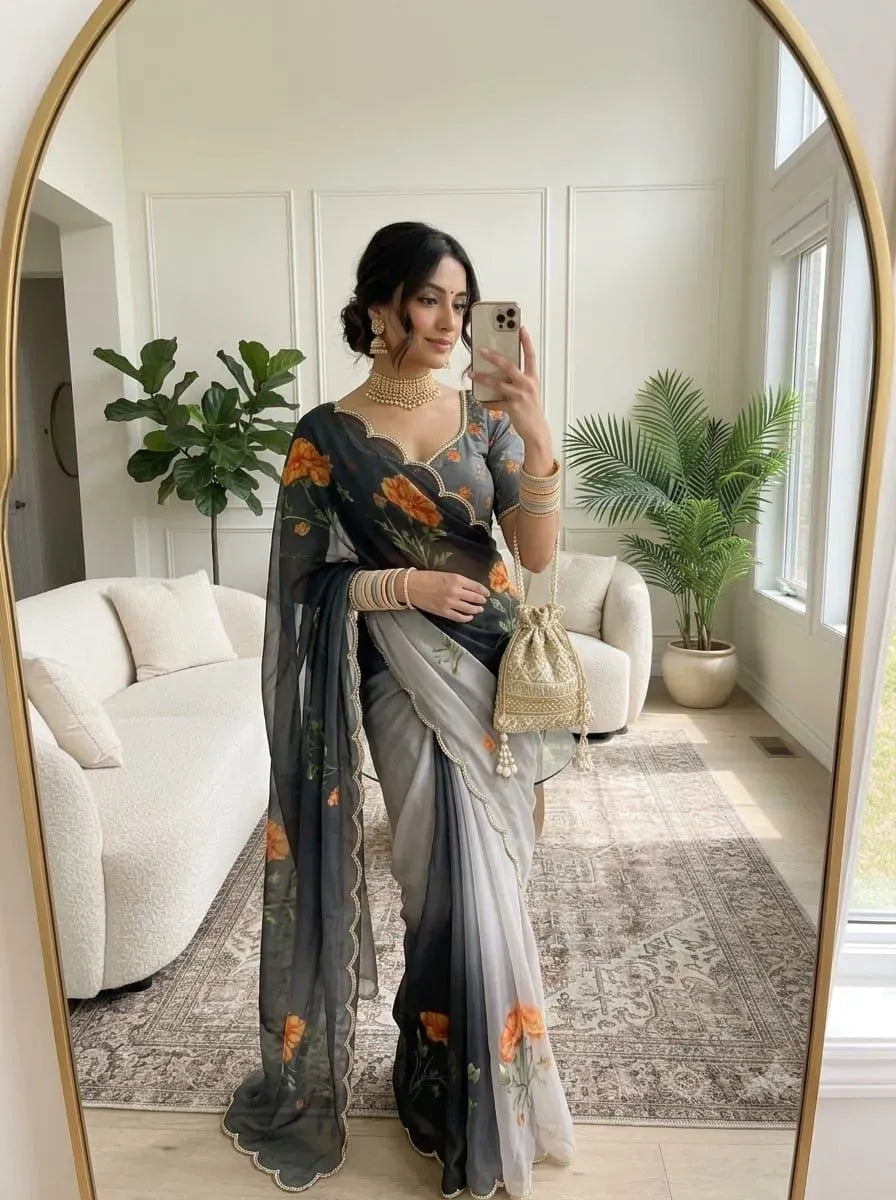 Model wearing grey ombre soft silk saree with floral digital print