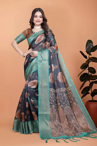 Premium Soft Silk Saree with Peach Floral Print & Aqua Zari Border - Festive Wear Wedding Collection for Women