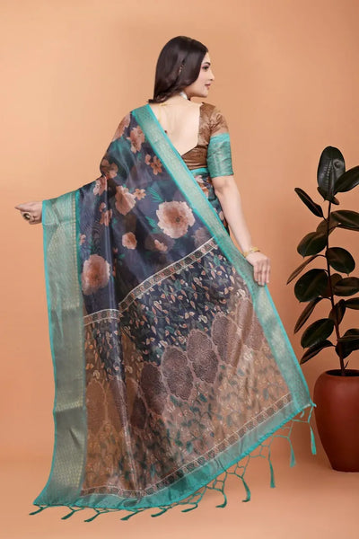 Premium Soft Silk Saree with Peach Floral Print & Aqua Zari Border - Festive Wear Wedding Collection for Women