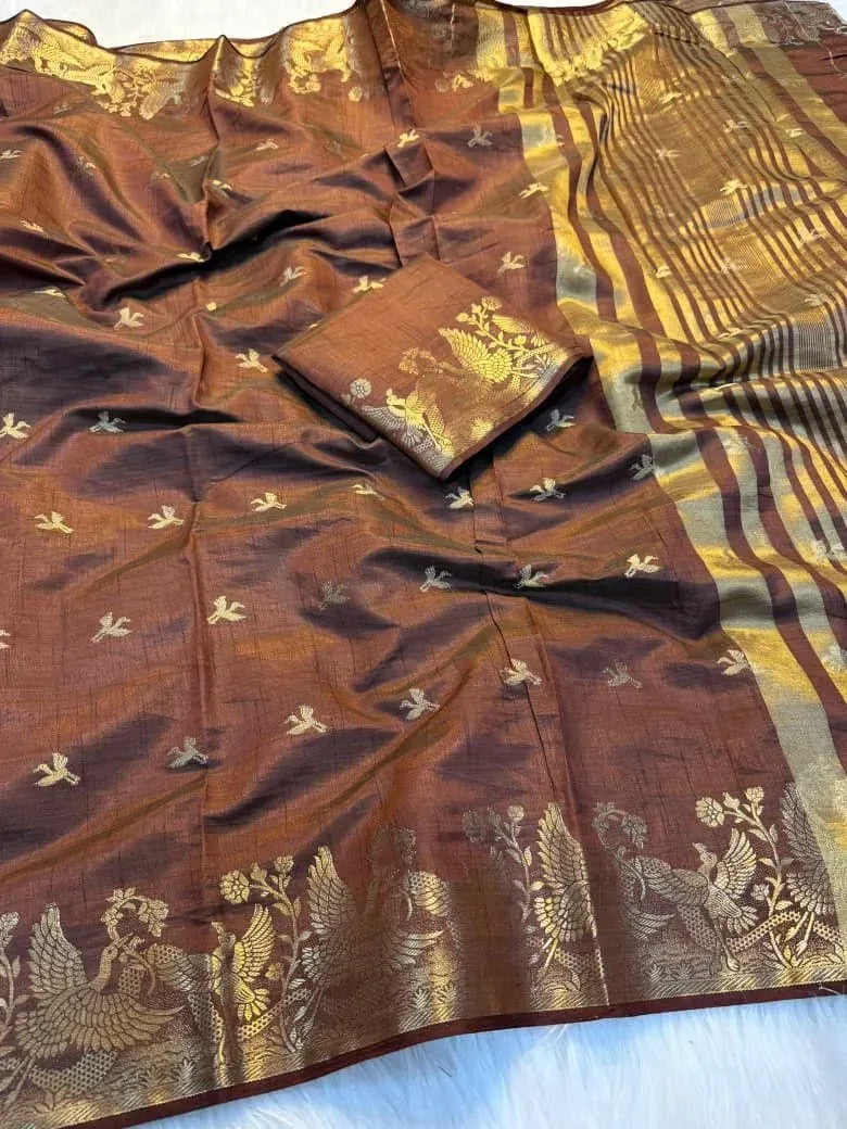 Brown soft tussar silk saree with gold zari bird motifs and matching blouse piece