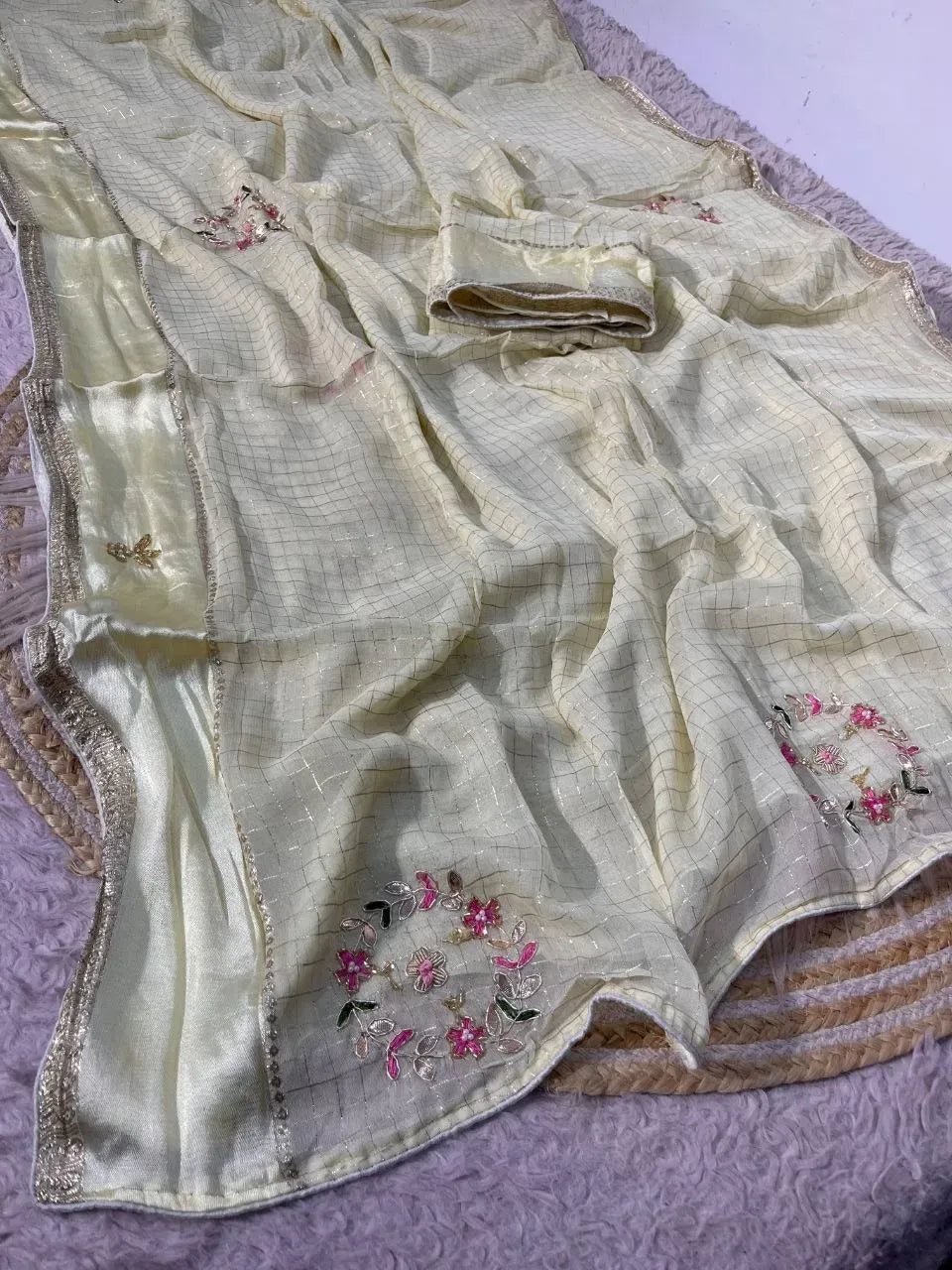 Off-white soft viscose checks saree with handwork embroidery and satin patta