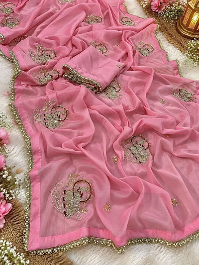 Premium Star Georgette Saree - Elephant Motif Party Wear for Women
