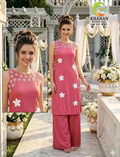 Premium Straight Cut Silk Kurti Set - Handcrafted Flower Embroidery Festive Wear for Women