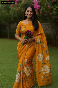 Premium Tabby Saree - Handcrafted Tulips & Pearl Work for Women