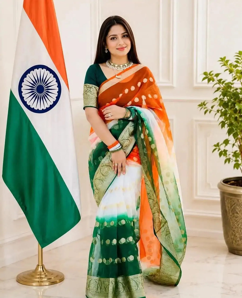 Elegant Indian model wearing premium tricolor organza saree with gold zari work standing beside national flag