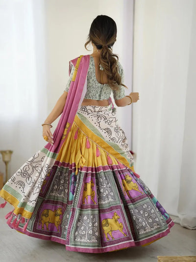 Premium Tussar Silk Kalamkari Lehenga Choli with 3.5m Flair for Festive Celebrations