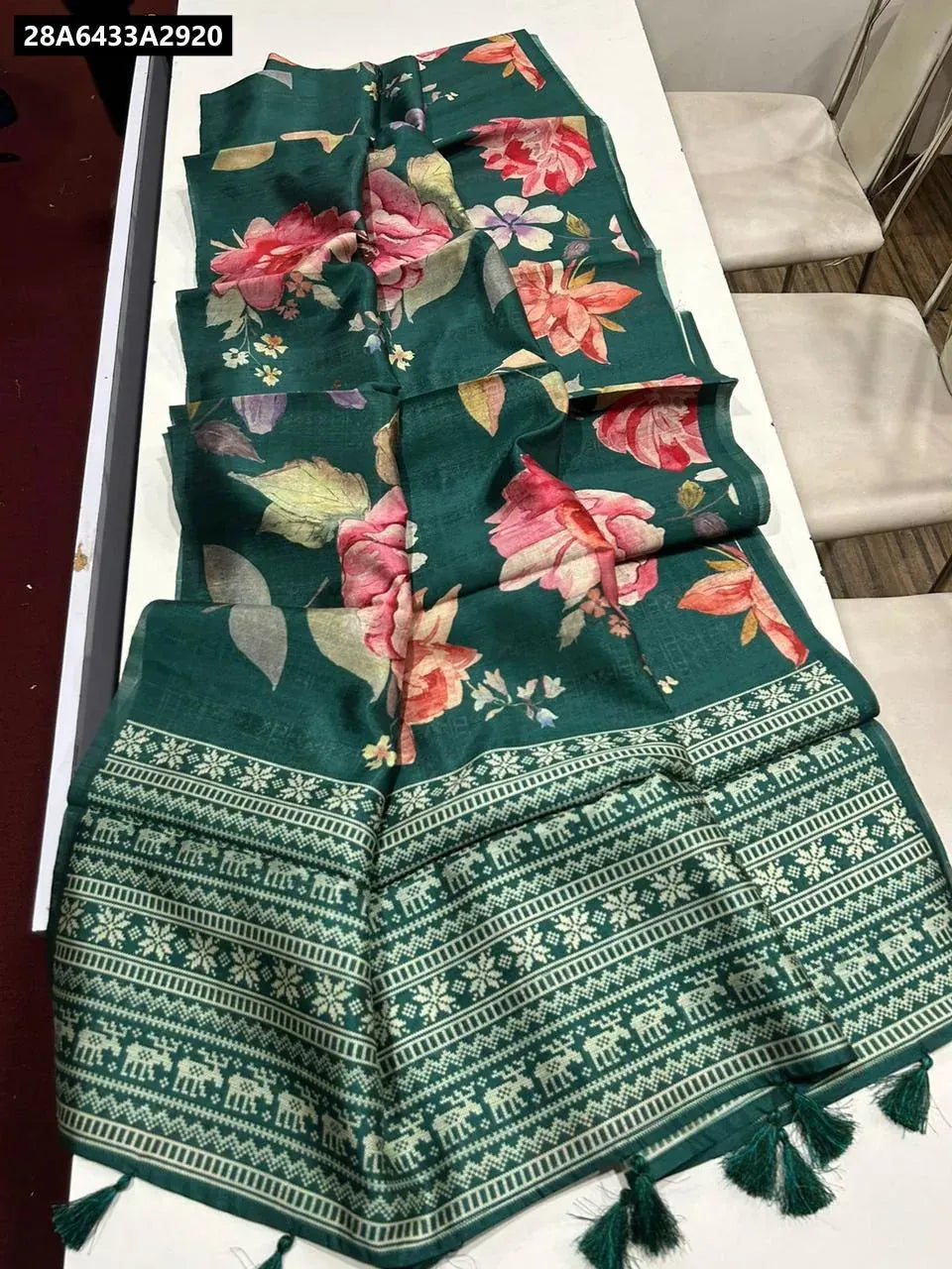 TRENDBUY Green Tussar Silk Saree with Digital Floral Print and Kalamkari Pallu