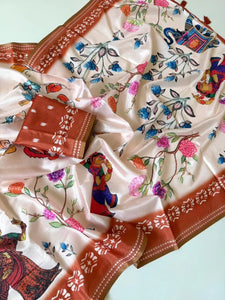 Premium Tussar Silk Saree - Kalamkari Print Festive Wear