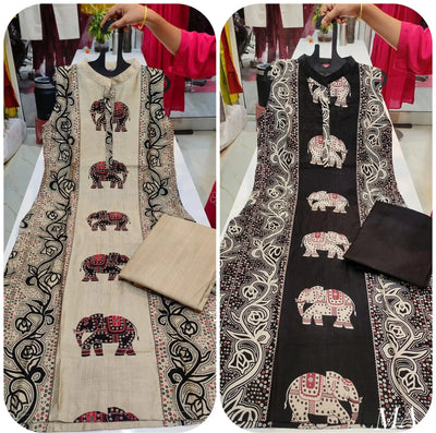 Premium Vertican Straight Kurti Pant Set - Elegant Elephant Print Festive Wear