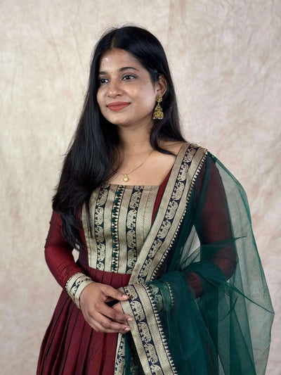 Premium Vichitra Silk Anarkali Gown with Zari Border - Festive Wear for Women
