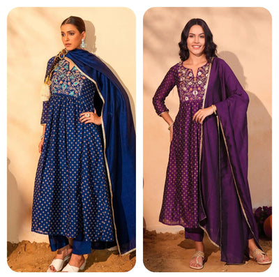 Premium Vichitra Silk Embroidered Kurti Pant Dupatta Set - Elegant Festive Wear for Women