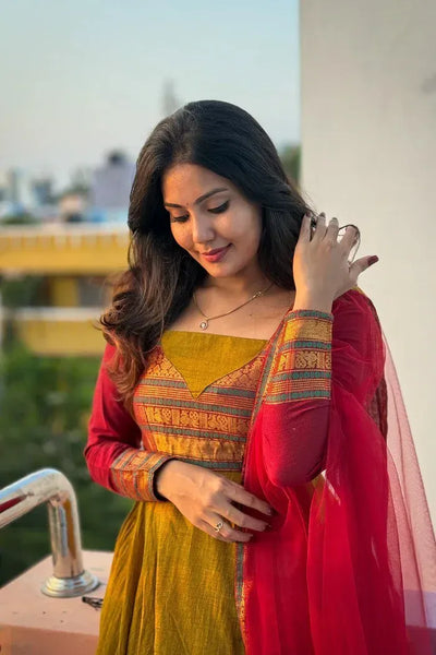 Premium Vichitra Silk Gown - Heavy Jacquard Work Festive Wear