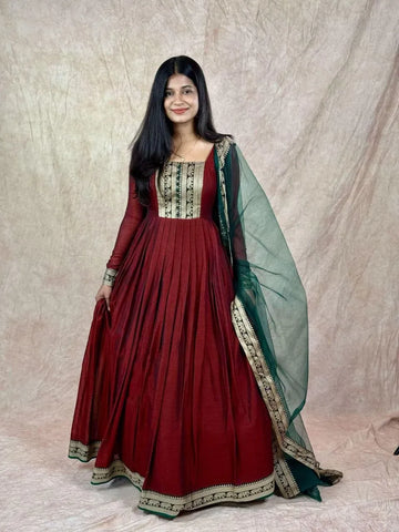 Premium Vichitra Silk Gowns for Women with Zari Border - Elegant Festive Wear