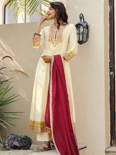 Premium Vichitra Silk Kurta Set - Elegant Embroidery Festive Wear for Women