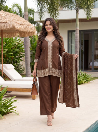 Premium Vichitra Silk Kurti Set - Elegant Festive Wear with Pant & Dupatta