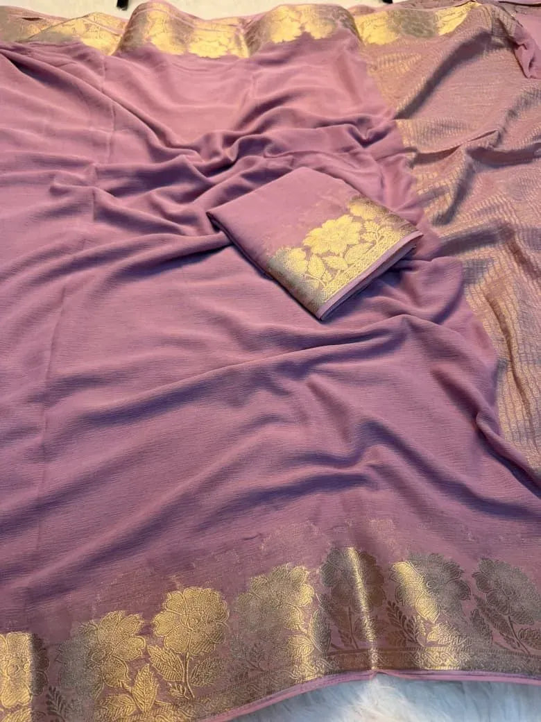 Lavender viscose crepe saree with gold floral zari border
