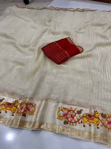 Premium Viscose Georgette Saree with Pichwai Print Border - Festive Wear
