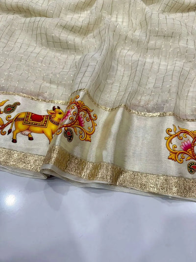 Premium Viscose Georgette Saree with Pichwai Print Border - Festive Wear