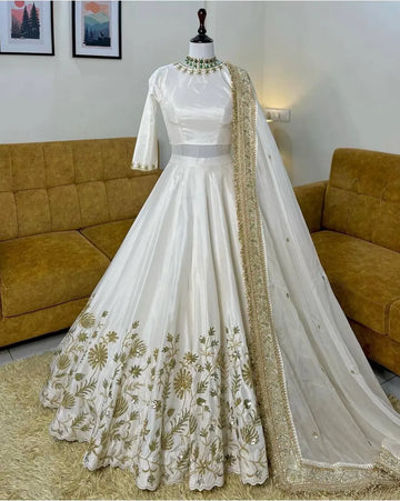 Premium White Slub Silk Lehenga - Elegant Zari & Sequins Work for Festive & Bridal Wear