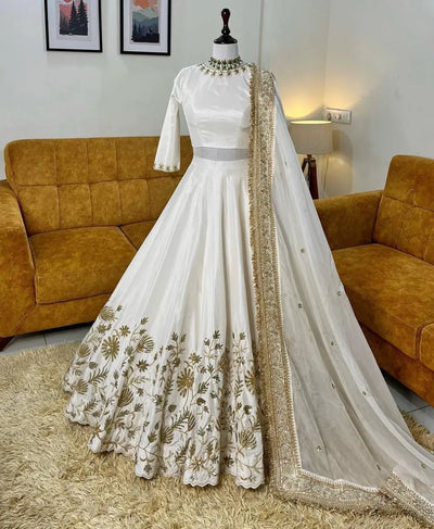 Premium White Slub Silk Lehenga - Elegant Zari & Sequins Work for Festive & Bridal Wear