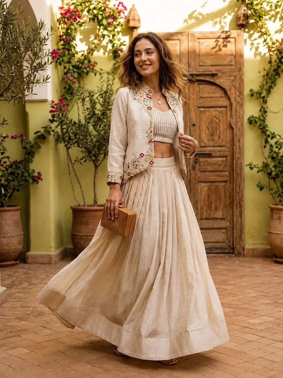 Model wearing beige zazu silk jacket lehenga set outdoors