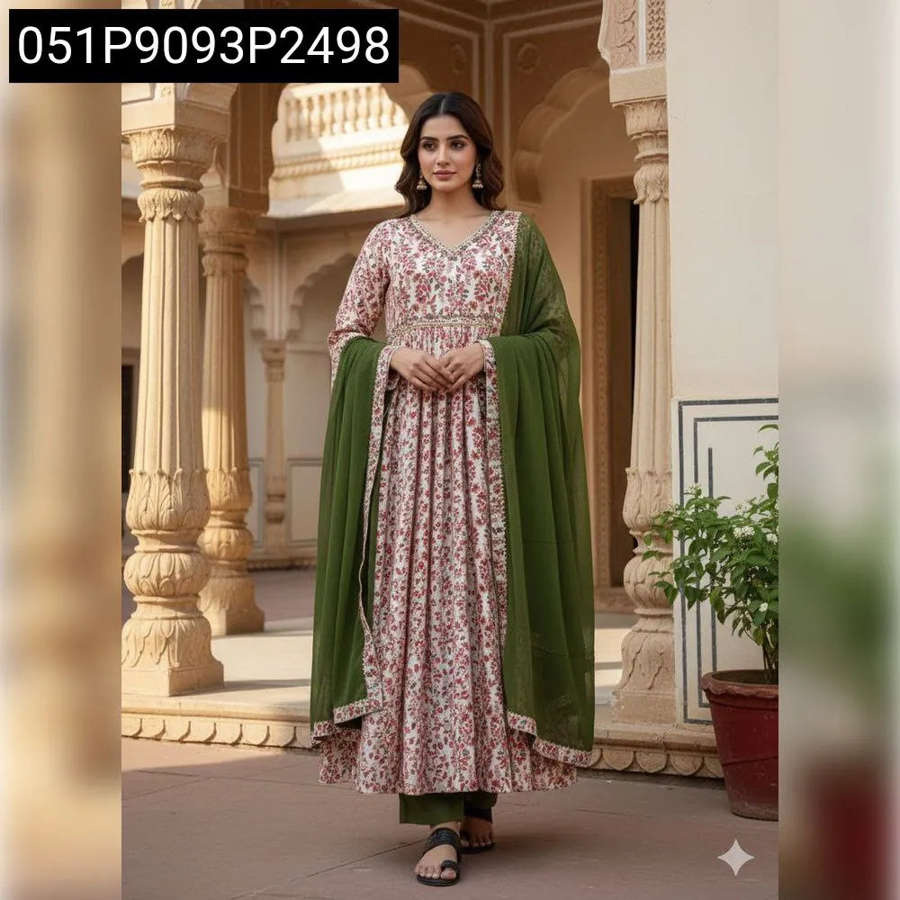 TRENDBUY Women's Floral Print Chinon Anarkali Dress Set with Green Dupatta and Pants, model standing front-facing in an elegant setting.