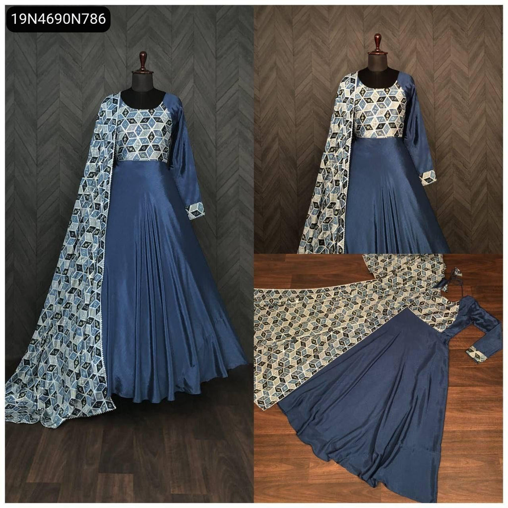 Full view of a mannequin showcasing the Rama Blue Printed Chinon Designer Gown with matching dupatta gracefully draped.