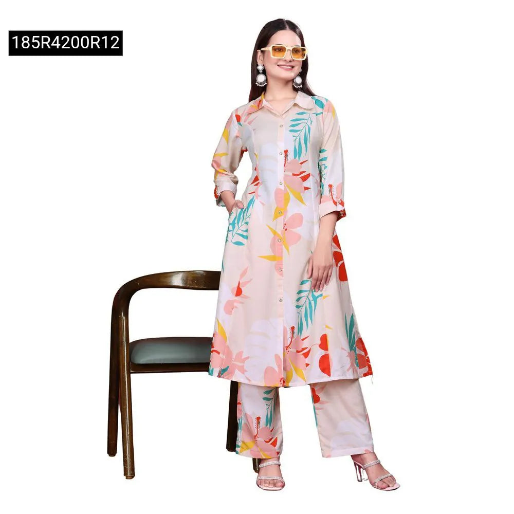 Women's Tropical Bloom Printed Co-ord Set - Front View, Model Posing