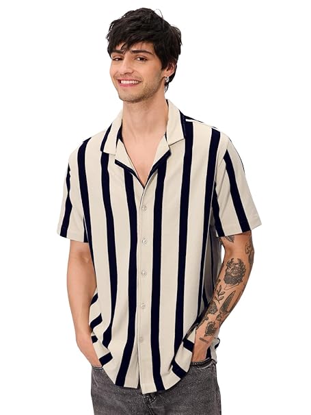 Man wearing cream and navy striped Cuban collar shirt by TRENDBUY
