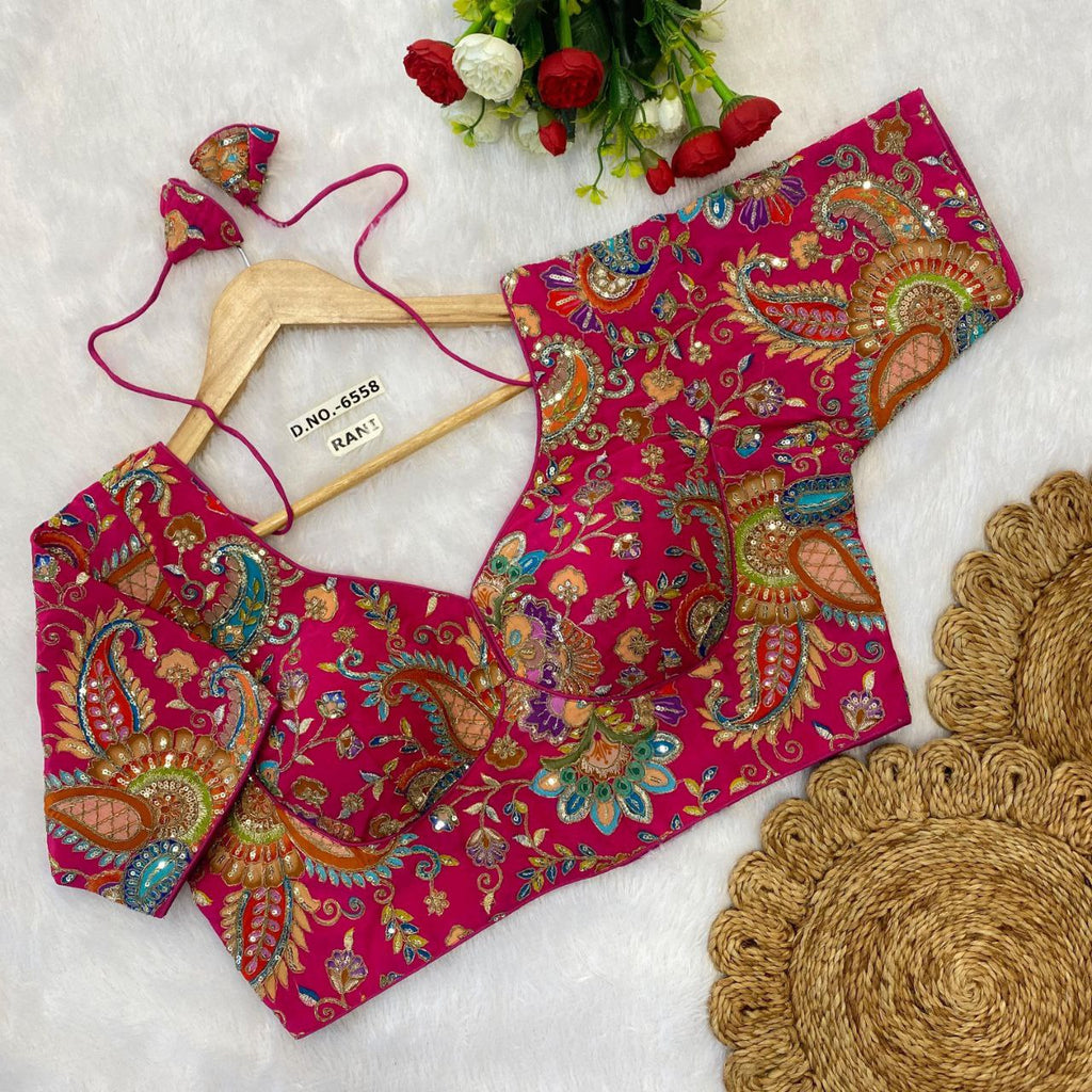 Rani Pink Crepe Viscose Blouse with intricate multi-color embroidery and print, featuring short sleeves and an open style, perfect for festive occasions.