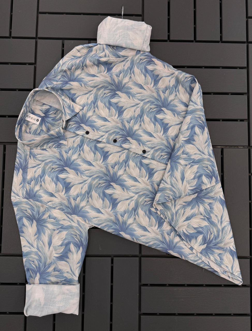TRENDBUY Men's printed cotton linen full sleeve shirt in blue and white, flat lay view.