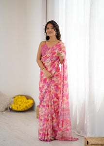 Printed Georgette Saree for Women | Mirror Work Elegance