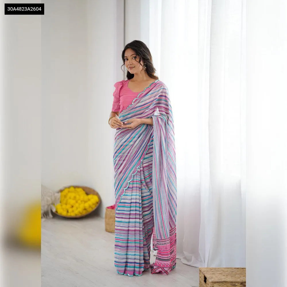 TRENDBUY Aqua Pink Multi Printed Georgette Silk Saree for Women with Mirror Work