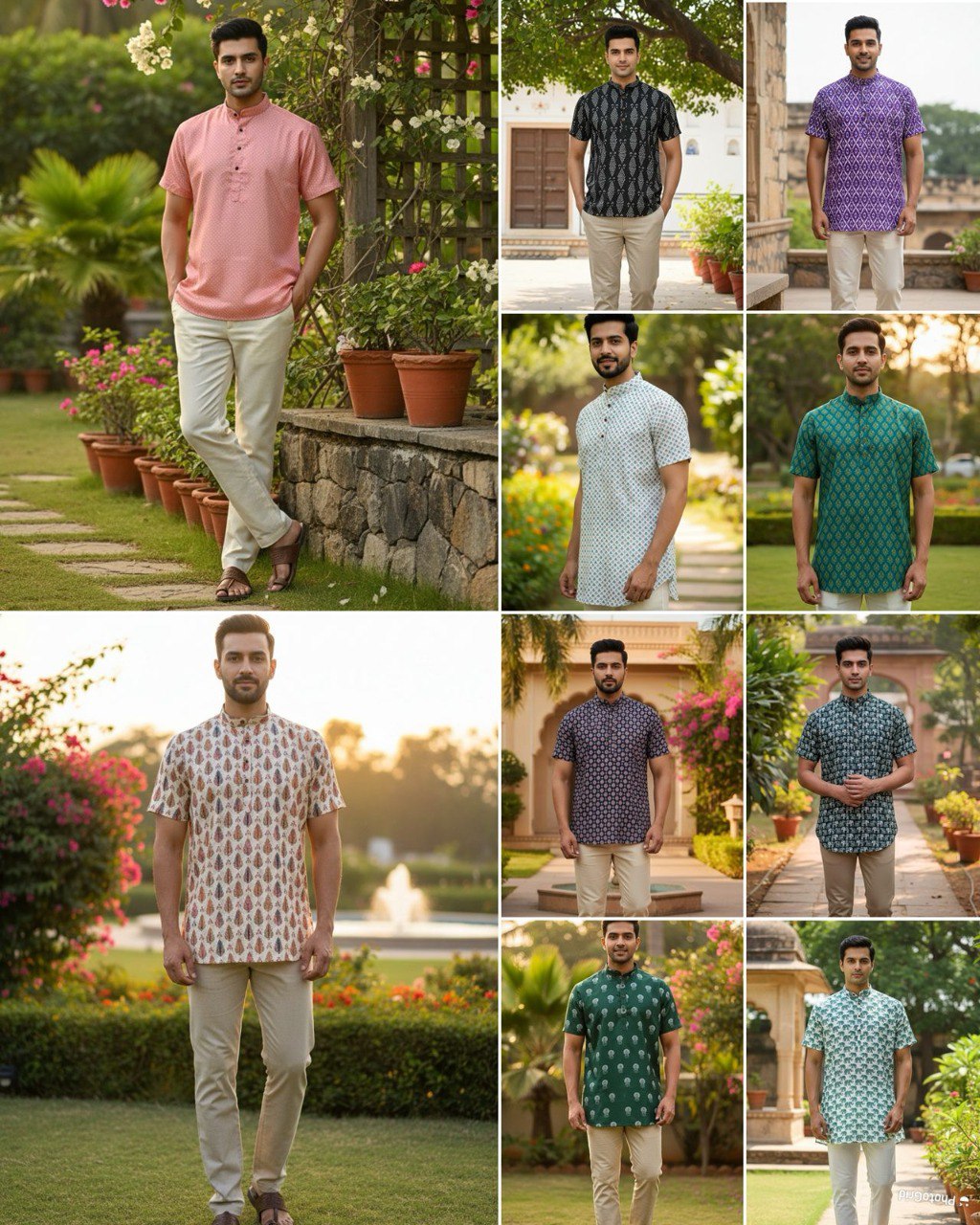Full shot of a man wearing a coral dot print short kurta in a garden setting, smiling.