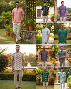 Printed Half-Sleeve Short Kurta for Men | Casual & Festive