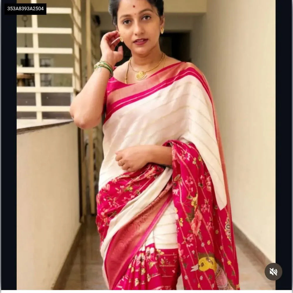 Model showcasing the Cream and Maroon digital print jacquard silk saree, draped elegantly for a sophisticated look.