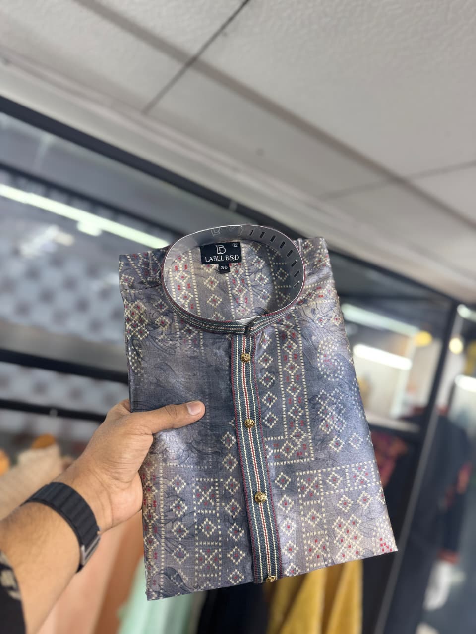 TRENDBUY Men's Grey Mosaic Print Tussar Silk Kurta for Weddings